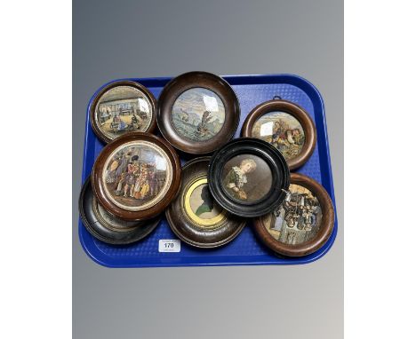 Five framed 19th century ceramic pot lids, a circular embroidery, a silhouette portrait and a further portrait print.