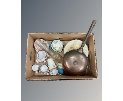 A box containing assorted 20th century tea china, collector's plates, copper bed pan, glass oil lamp chimney.