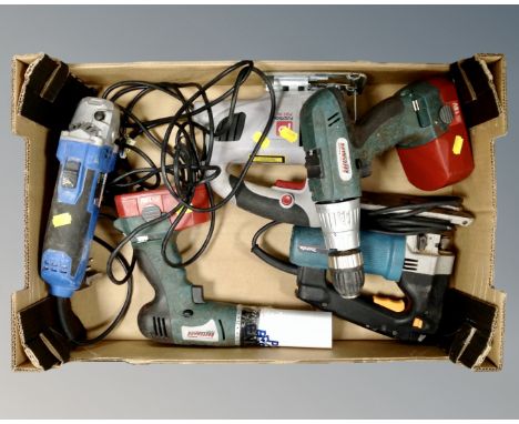 A box of power tools including Bosch Mann drills, angle grinder, circular saw, etc 