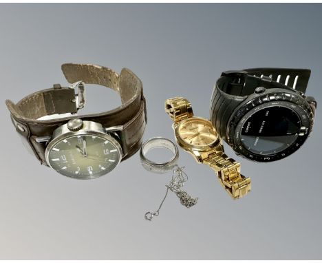 A gentleman's steel Armani band ring together with three watches by Kahuna, Badus and Suunto and a fine white metal necklace.