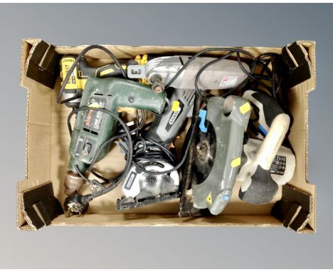 A box of power tools including Bosch drill, Mac Allister circular saw, DeWalt drill etc.