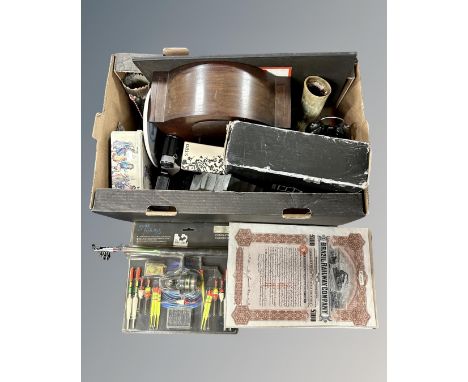 A box containing a fishing set, Fujica ST605N SLR camera, mantel clock, alarm clock, horns etc.
