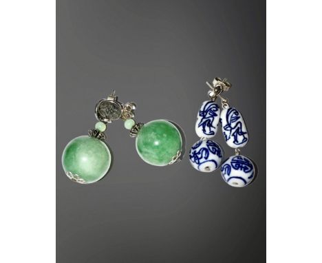 A pair of Chinese silver and porcelain droplet earrings, together with a pair of jade earrings. (2)