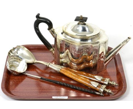 A Georgian toddy ladle with baleen handle; a Georgian plated teapot; and a pair of salad servers