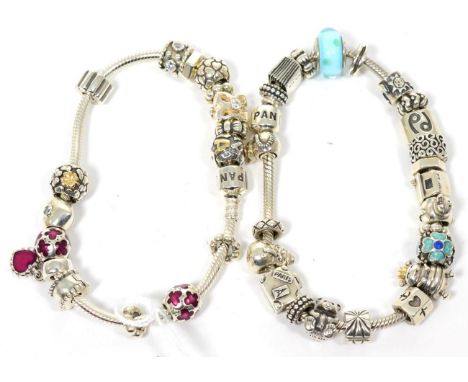 Two Pandora charm bracelets, including paste set and enamel charms, charms with marks 'ALE' for Pandora (2)