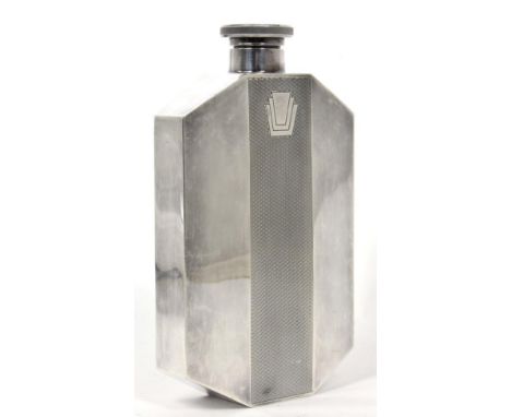 A large electroplated Art Deco flask, James Dixon &amp; Sons, with engine turned decoration