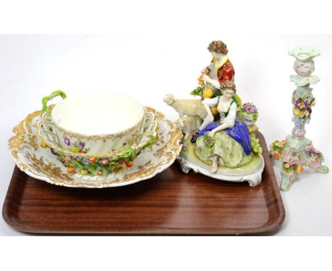 A Meissen bowl and basket (damaged); a Dresden group; a Continental candlestick; teawares; and a lustre dish 