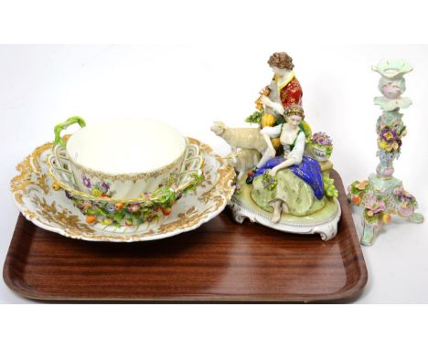 A Meissen bowl and basket (damaged); a Dresden group; a Continental candlestick; teawares; and a lustre dish 