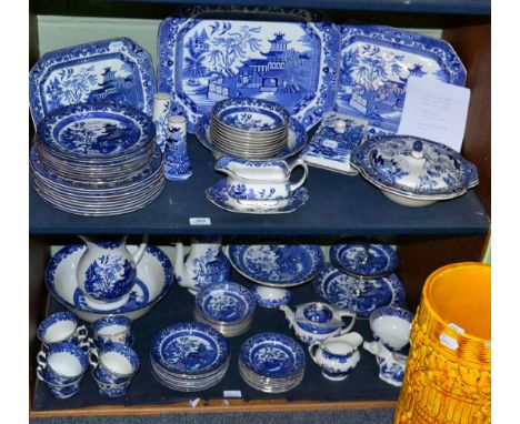 A Burleigh ware ''Willow'' pattern dinner and tea service; and a similar jug and basin (two shelves)