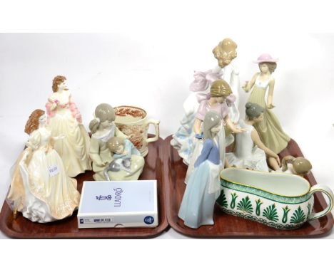 Two Lladro china figures; a similar relief moulded plate and stand; five Nao china figures; two Royal Worcester figures; a po