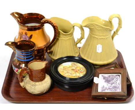 Two framed Prattware pot lids; two framed rectangular enamel plaques; and five Victorian pottery jugs 
