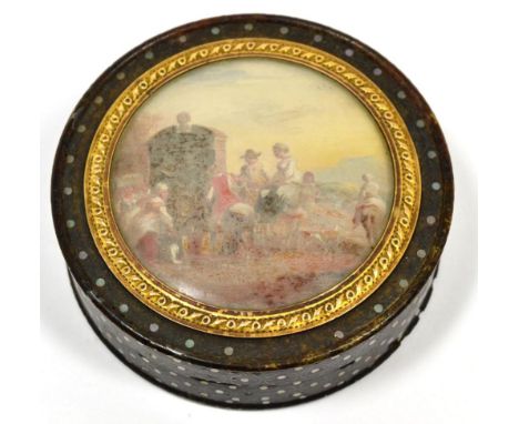 Tortoiseshell and pique work patch/snuff box, the cover painted with figures and animals - TL Demarne?