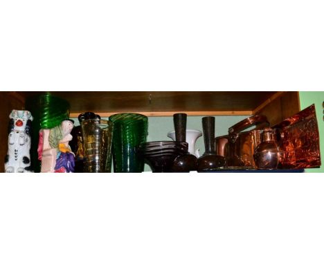 Assorted 20th century glass; a pair of serpentine vases; an Art Nouveau copper tray; a Melba ware figural jug etc