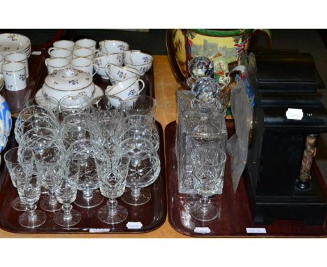 A late 19th century black slate and marble mantel clock; a quantity of crystal; and a Masons Regency part dinner service 