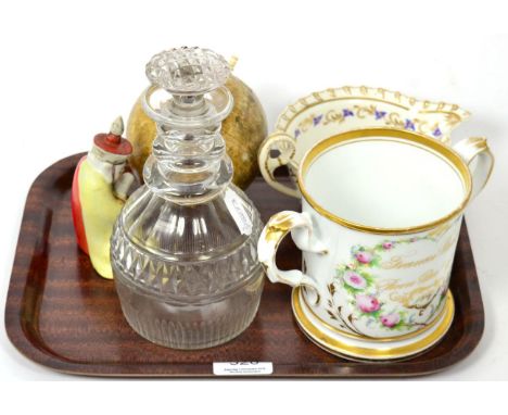 A Georgian triple ring neck mallet decanter and stopper; a two handled loving cup inscribed Frances &amp; Bathia Parker 1835;