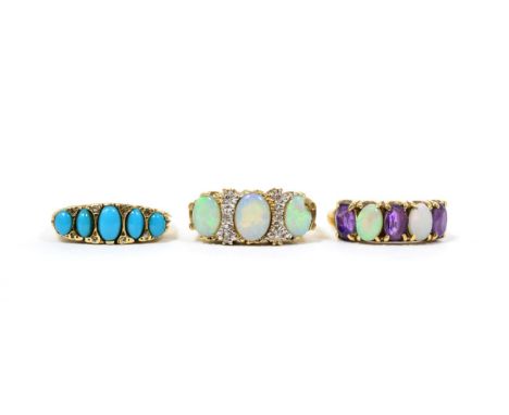 A 9 carat gold turquoise and diamond ring, finger size O1/2; a 9 carat gold opal and diamond ring, finger size N and a 9 cara