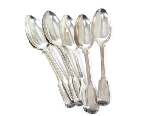 A set of seven Victorian silver fiddle and thread pattern table spoons, Elizabeth Eaton, London 1858, engraved with a crest o