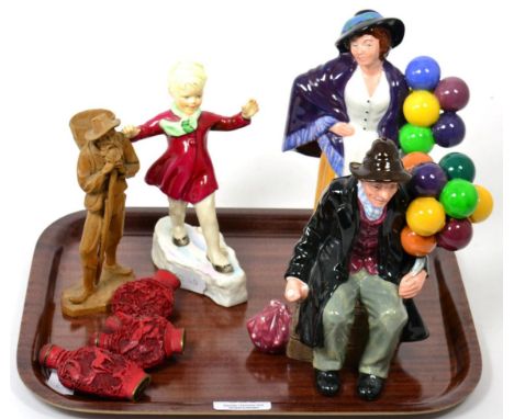 A Royal Worcester figure modelled by Doughty ''January''; two Doulton figures; a carved figure; and three scent bottles