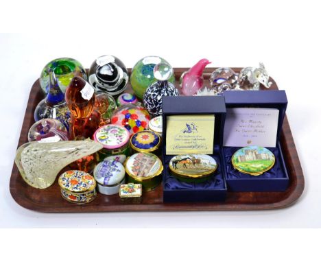 A tray including Swarovski glass paperweights, china, enamel boxes etc 