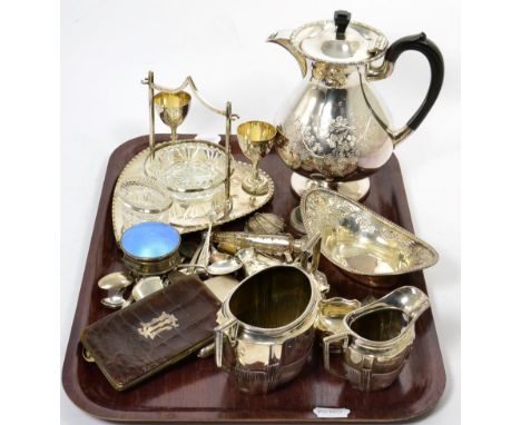 A quantity of silver items to include: a cream jug and sugar bowl; enamel ring box; cigarette case; teaspoons; vesta etc; tog