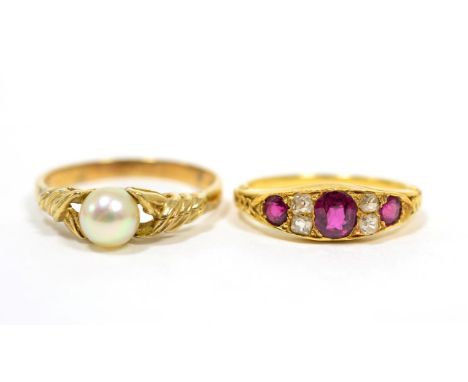 A ruby and diamond ring, finger size K, 2.5g and a 9 carat gold cultured pearl ring, finger size P, 2.3g (2)