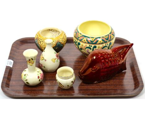 A Zsolnay Pecs red lustre fish; a modern Zsolnay Pecs unique vase, by Miss M Sraloutay?; and four other pieces (6)