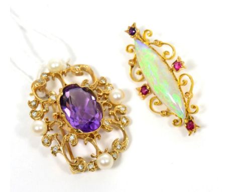 A 9 carat gold Victorian-style amethyst, pearl and diamond brooch, 7.6g and an opal and ruby brooch, 3.1g (2)