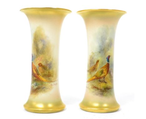 A pair of Royal Worcester trumpet vases, by Jason Stinton, decorated with pheasants (2)