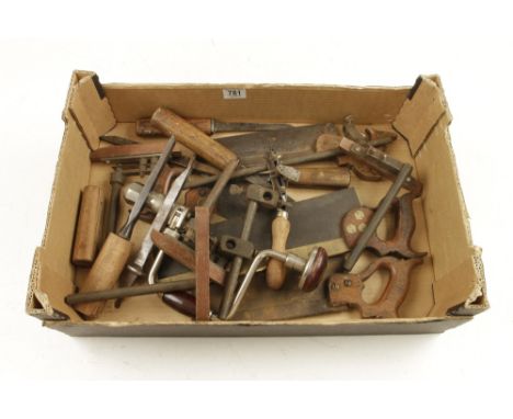 Four old tenon saws, five mortice chisels and other tools well used G- 