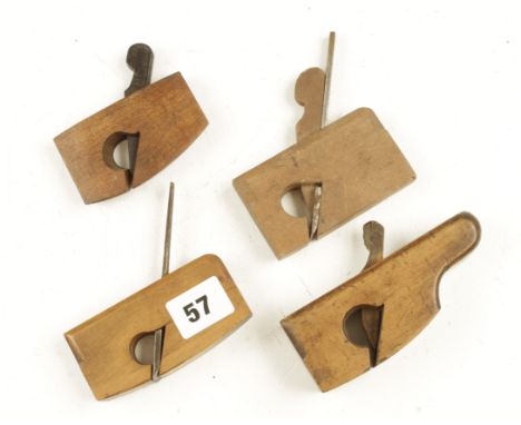 Two boxwood miniature compass rebate planes (one lacks iron) and two beech miniature planes (one lacks iron) G 