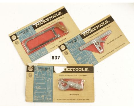 Three unused miniature tools in orig packaging by LOUIS MARX Swansea, Hacksaw, square and micrometre N 