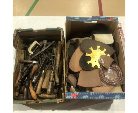A quantity of leatherworkers and cobblers tools, soles and heals G+