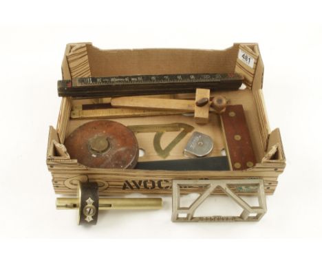 An ebony and brass mortice gauge, two boat bevels, two caliper gauges and seven other tools G+ 