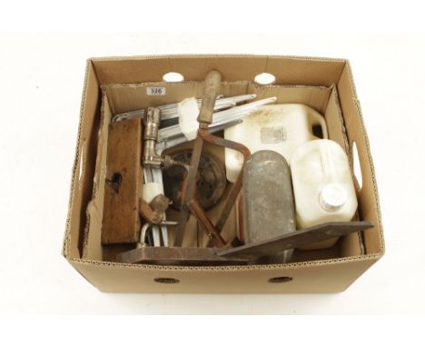 A box of tools inc 2 containers of wax emulsion for use on end grain of timber G 
