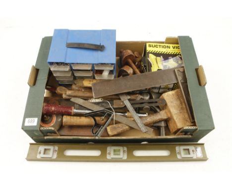 A box of tools incl. hammers, squares, gauges etc G 