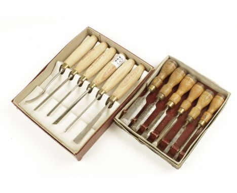 A set of six SORBY carving tools and a set of six MARPLES bevel edge chisels both in orig boxes G 