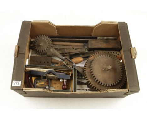 Four wooden cogs and other tools G 