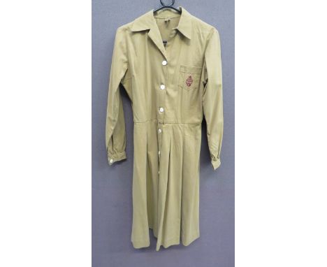 WW2 Pattern NAAFI Dress light khaki cotton, full length dress. Front fastened by white composite buttons. Left breast, open t