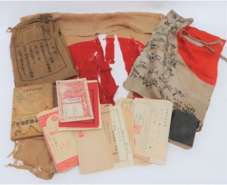 Named Soldier's Hokobukuro (Service Record Bag) and Contents khaki tan, cotton bag with black printed naming and list of cont
