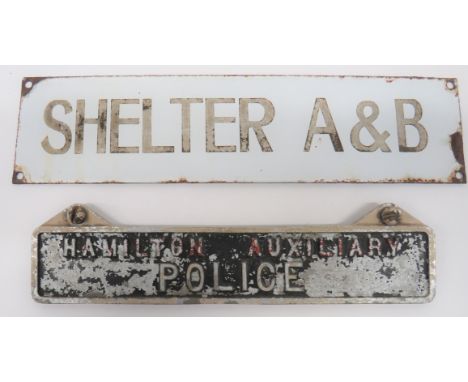 Two WW2 Home Front Signs consisting 12 x 3 inch, white enamel, wall sign with black lettering Shelter A &amp; B. Enamel chipp