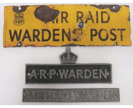 Three Various WW2 ARP Warden Signs consisting 12 x 4 inch, yellow enamel, wall sign with black lettering Air Raid Warden Post