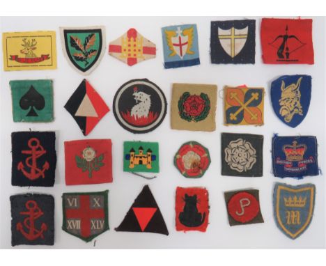 Selection of Formation Badges including printed 25th Indian Div ... Printed 1st Div RA ... Printed 8th Army ... Embroidery 54