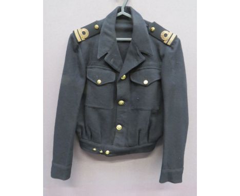 Royal Navy Officer's Battle Dress Jacket dark blue, woollen, single breasted, open collar, short jacket. Lower, short, button