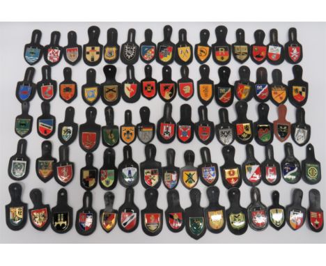 Quantity of West German Bundeswehr Breast Tabs chrome and enamel badges set on leather breast tabs. Including Signals Reg ...