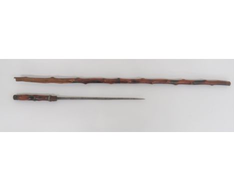 19th Century Bamboo Sword Stick12 inch, diamond form blade.  Bamboo handle.  Contained in its bamboo stick.  Top of stick dam