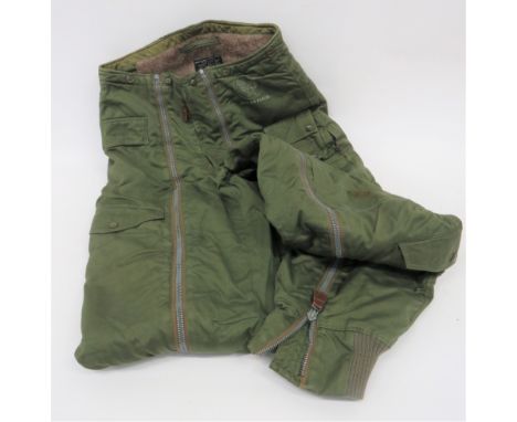 Pair of USAAF Type A-11-A Flying Trousers green cotton trousers. Full leg zips. Various leg pockets. Knitted woollen ankle ba