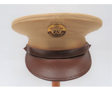 WW2 American USAAF NCO's Summer Cap light, khaki tan, cotton crown and body. Brown, polished leather peak and chinstrap secur