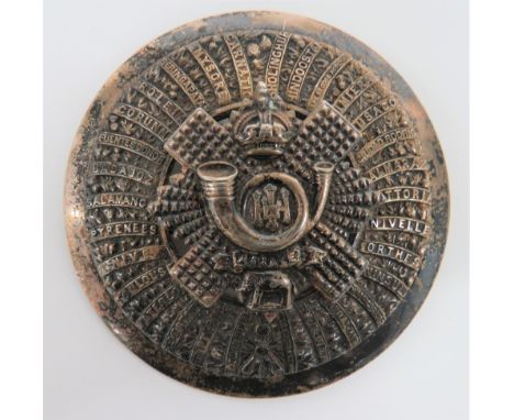 Highland Light Infantry Plaid Brooch silvered, circular plaid with inner thistle wreath and battle honours. Central applied, 