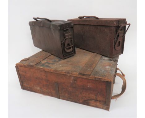 Three Various German Ammunition Boxes consisting 19 x14 x 6 inch wooden box with leather hinges and webbing carrying handles.