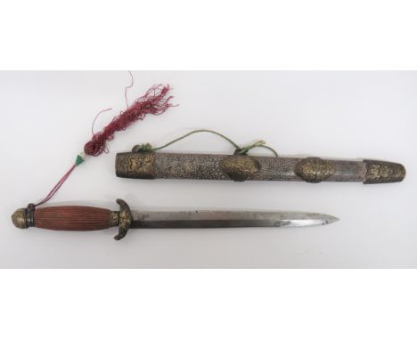 19th Century Chinese Half Scale Dagger 6 1/2 inch, double edged blade. Cast brass crossguard and pommel with floral decoratio